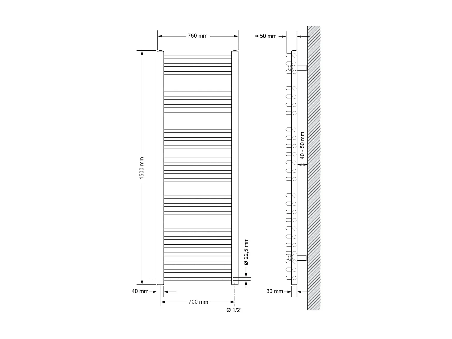 Radiador de baño Sahara toallero conexión lateral blanco 750x1500cm