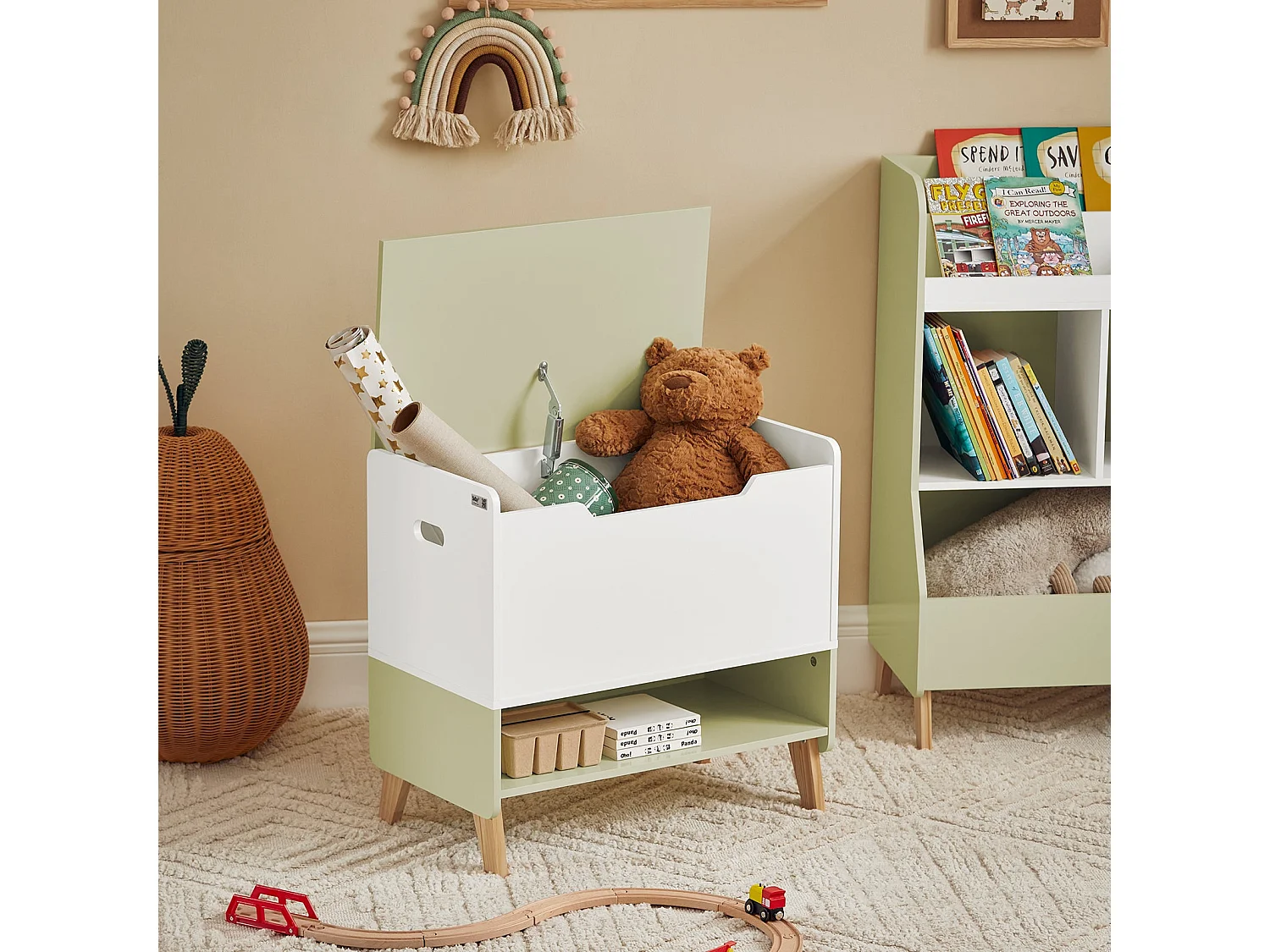 SoBuy Coffre à Jouets Enfants en Bois, Boîte à Jouets avec Couvercle Rabattable, Organisateur de Jouets pour Chambre d’Enfant, Ouvert 60 x 34 x 57 cm, KMB91-GR
