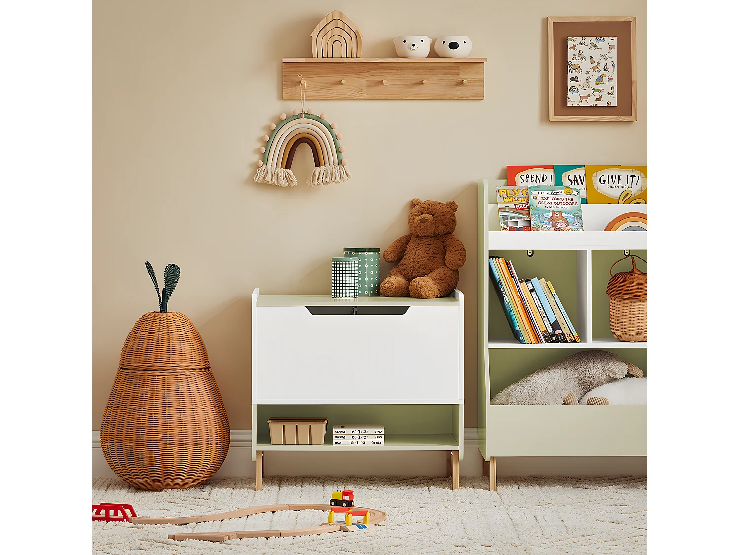 SoBuy Coffre à Jouets Enfants en Bois, Boîte à Jouets avec Couvercle Rabattable, Organisateur de Jouets pour Chambre d’Enfant, Ouvert 60 x 34 x 57 cm, KMB91-GR