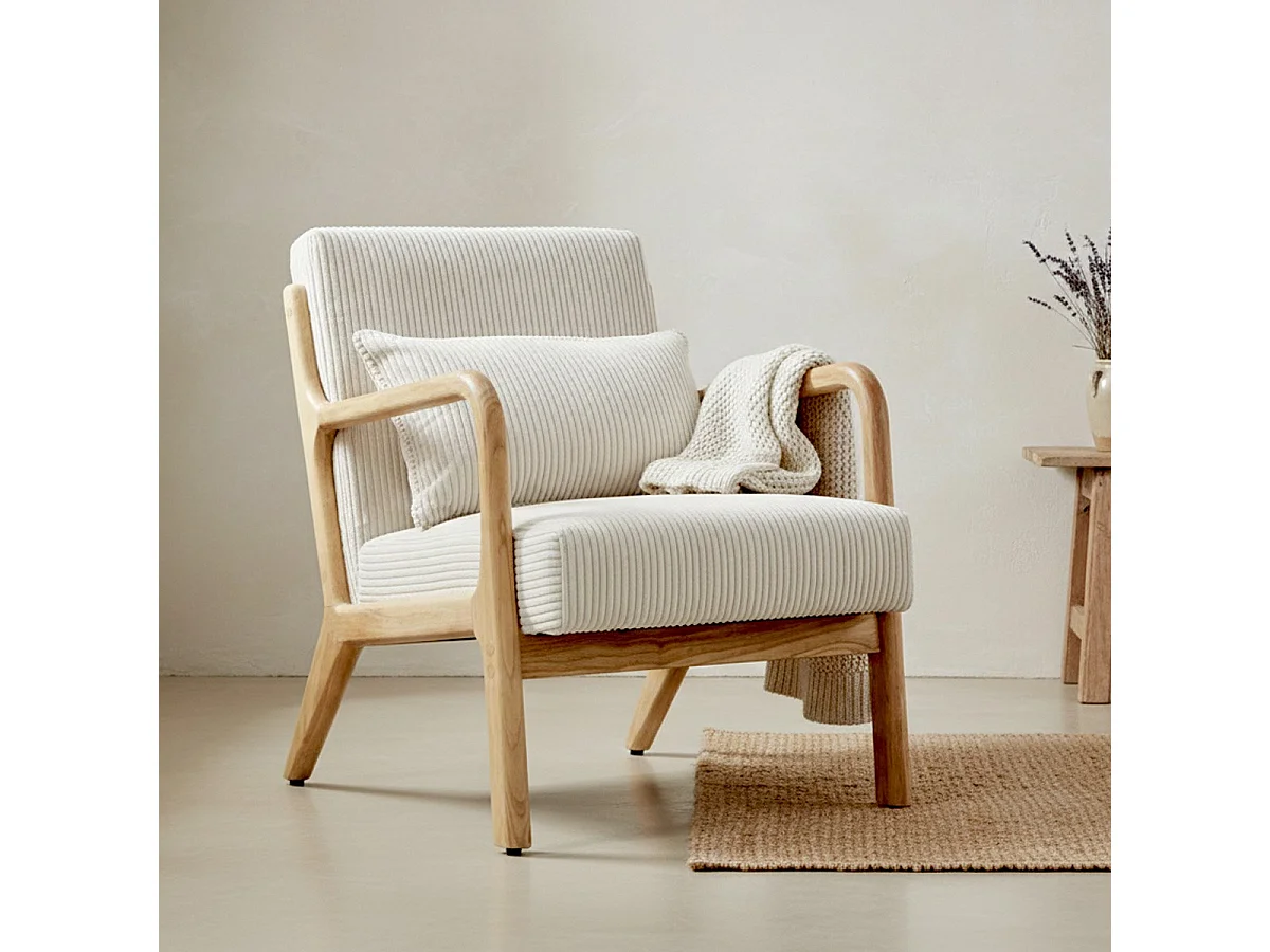 Fauteuil en bois et velours côtelé beige - Lanna