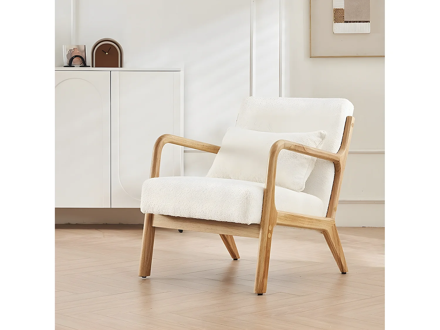 Fauteuil en bois et tissu bouclette écru - Lanna