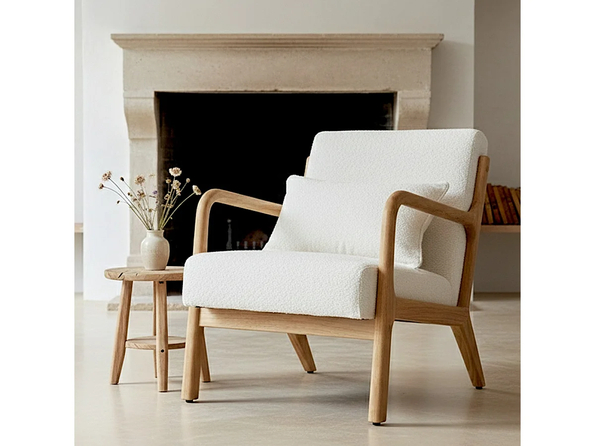 Fauteuil en bois et tissu bouclette écru - Lanna