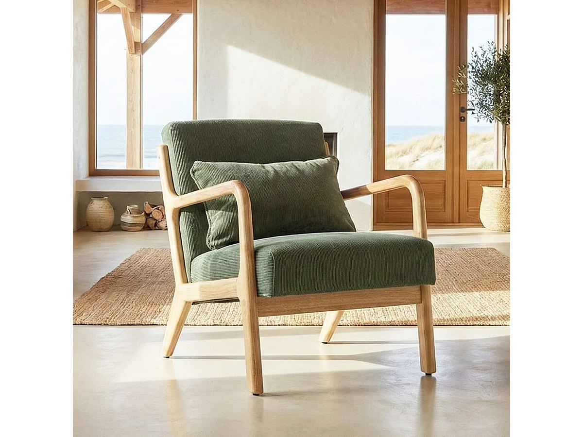 Fauteuil en bois et velours côtelé vert - Lanna