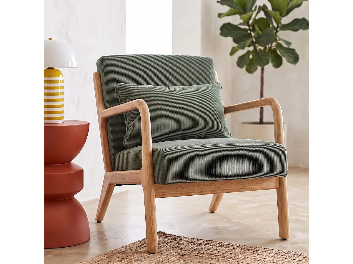 Fauteuil en bois et velours côtelé vert - Lanna
