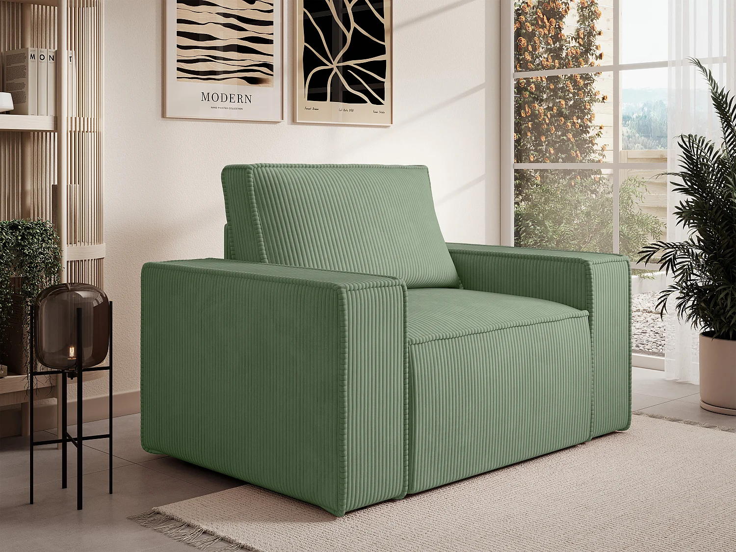 Fauteuil en velours côtelé vert amande AMELIA