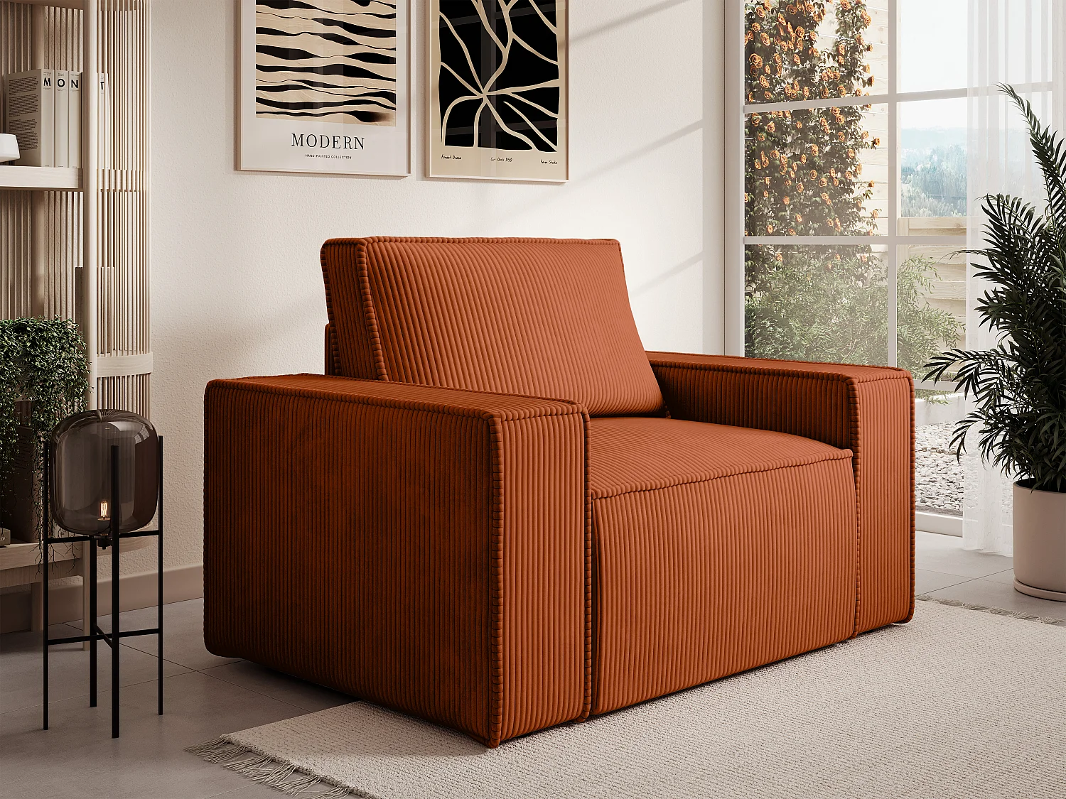 Fauteuil en velours côtelé terracotta AMELIA