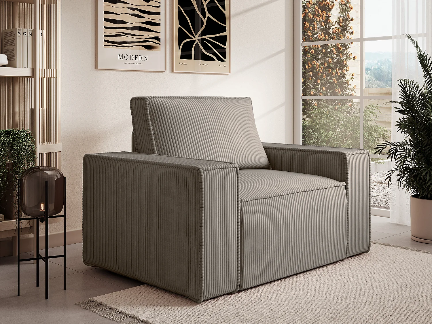 Fauteuil en velours côtelé taupe AMELIA