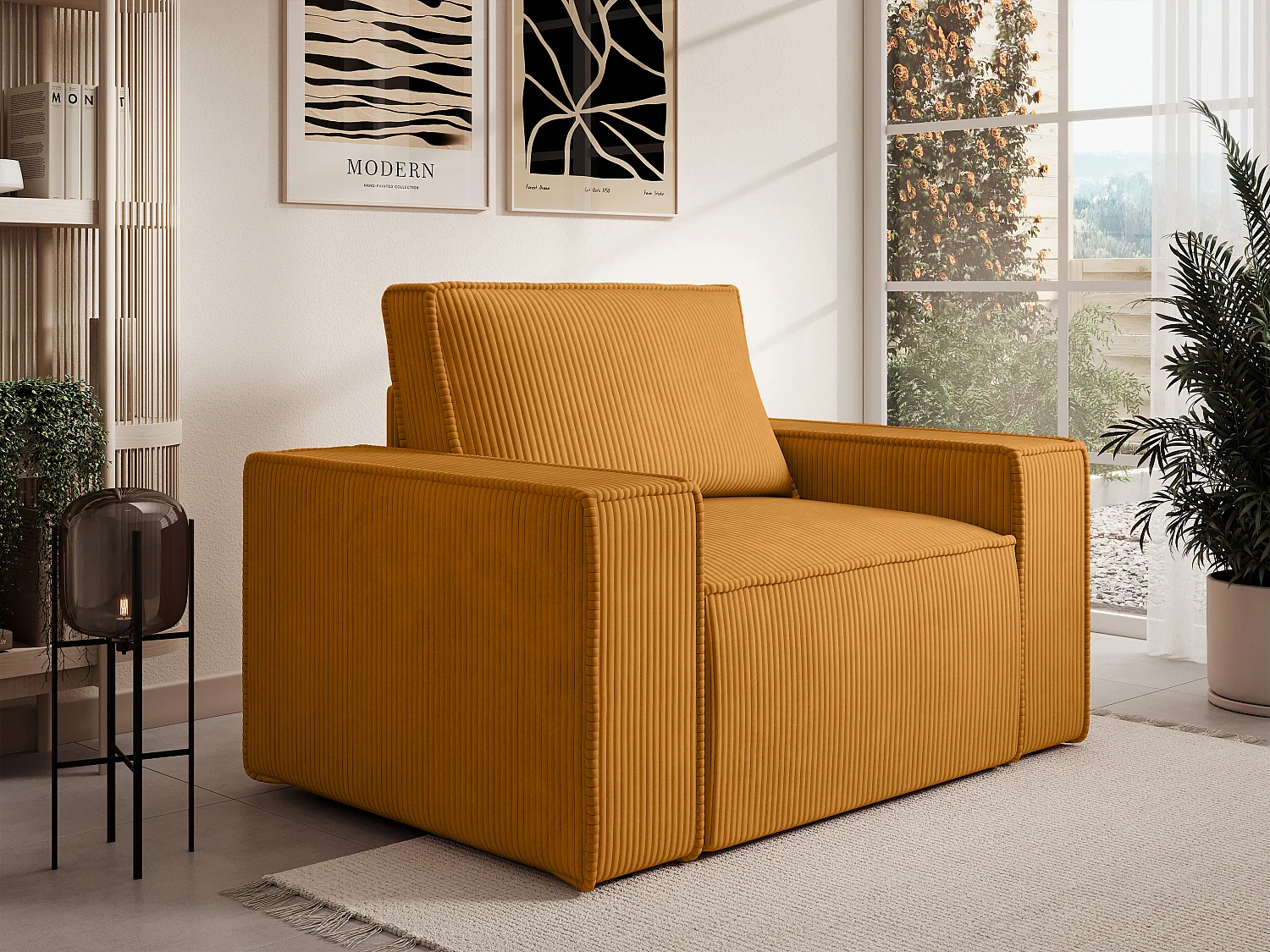 Fauteuil en velours côtelé orange clair AMELIA