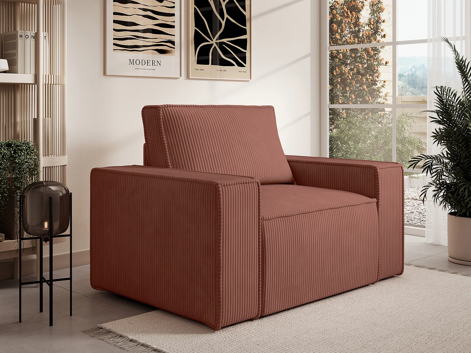 Fauteuil en velours côtelé rose AMELIA