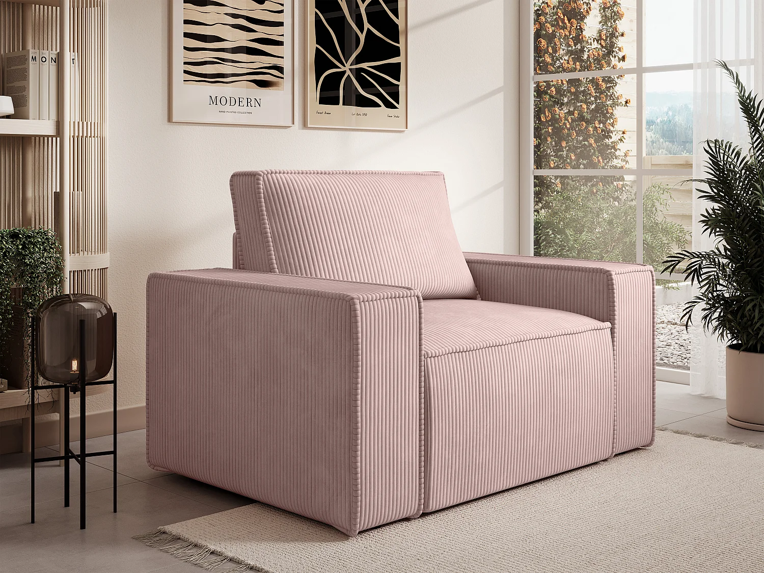 Fauteuil en velours côtelé rose poudré AMELIA