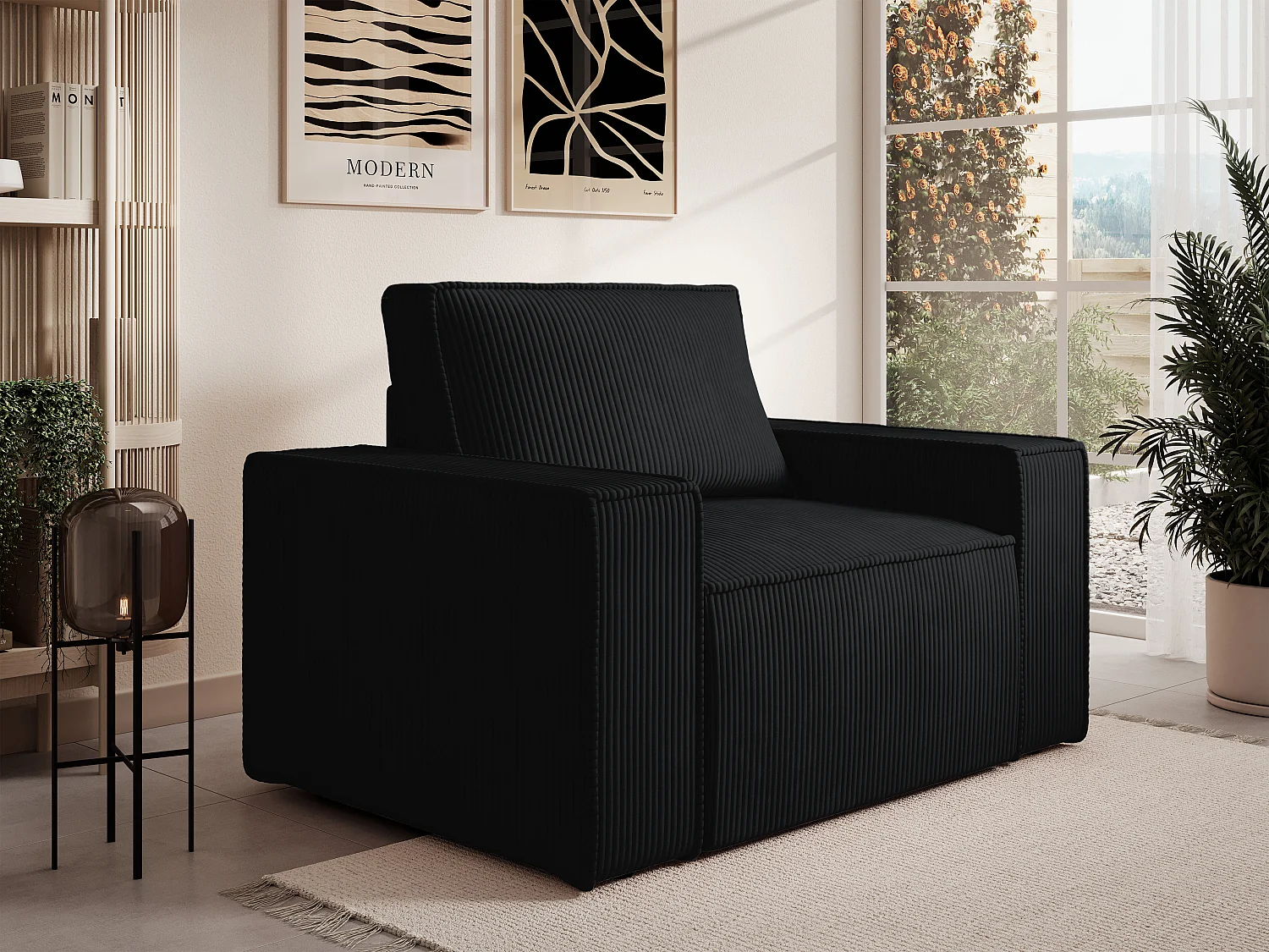 Fauteuil en velours côtelé noir AMELIA