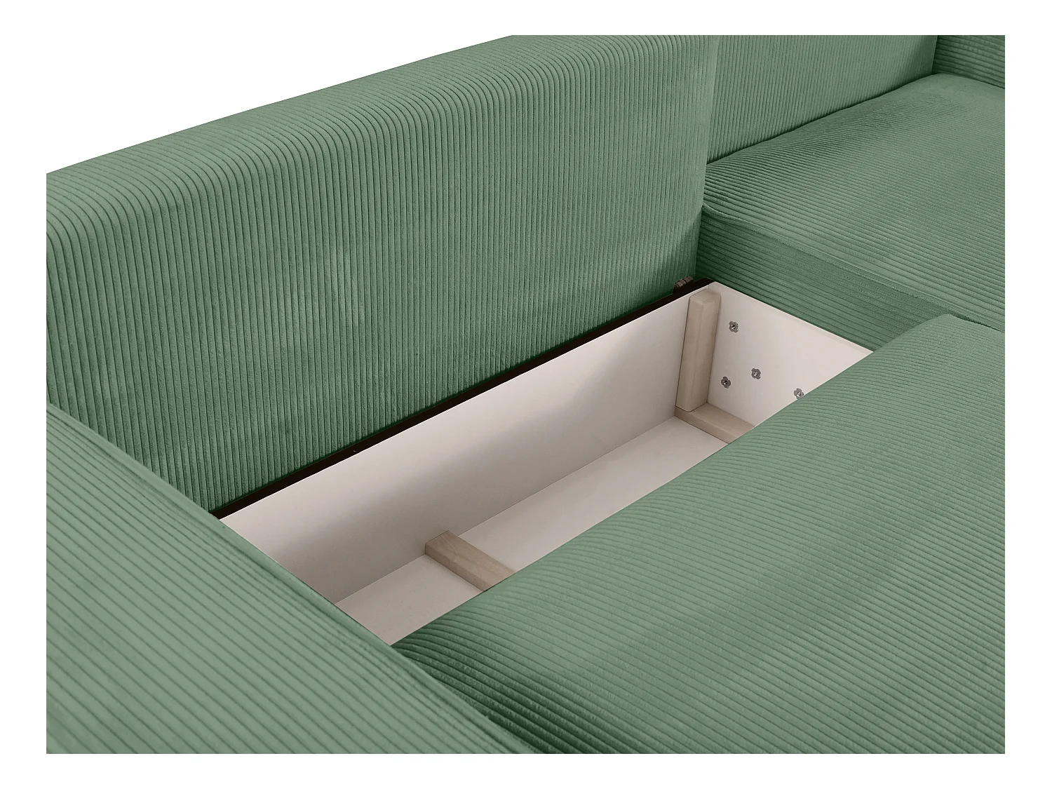 Canapé d'angle droit convertible en velours côtelé vert amande AMELIA