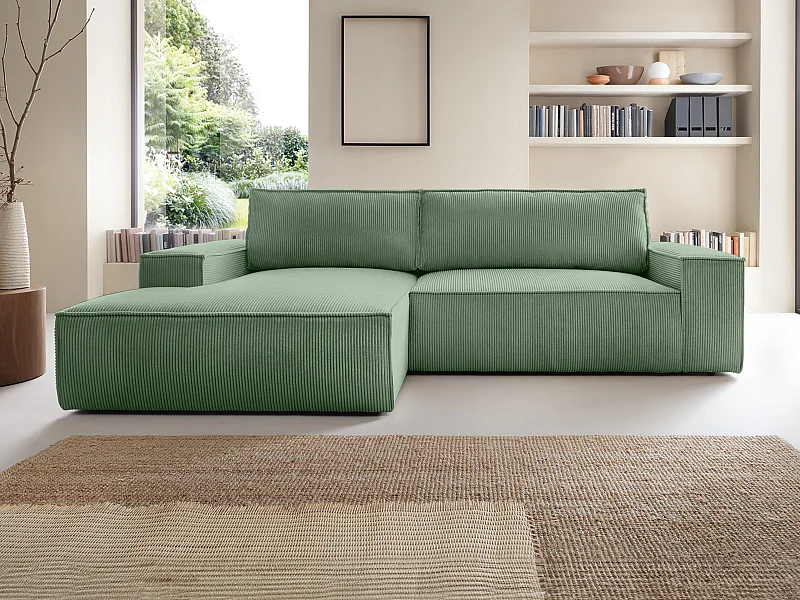 Slaapbank met hoek links van amandelgroen ribfluweel AMELIA