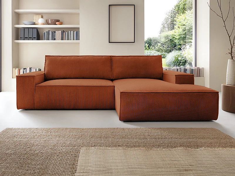 Canapé d'angle droit convertible en velours côtelé terracotta AMELIA