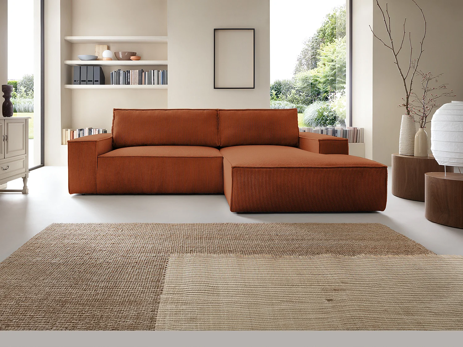 Canapé d'angle droit convertible en velours côtelé terracotta AMELIA