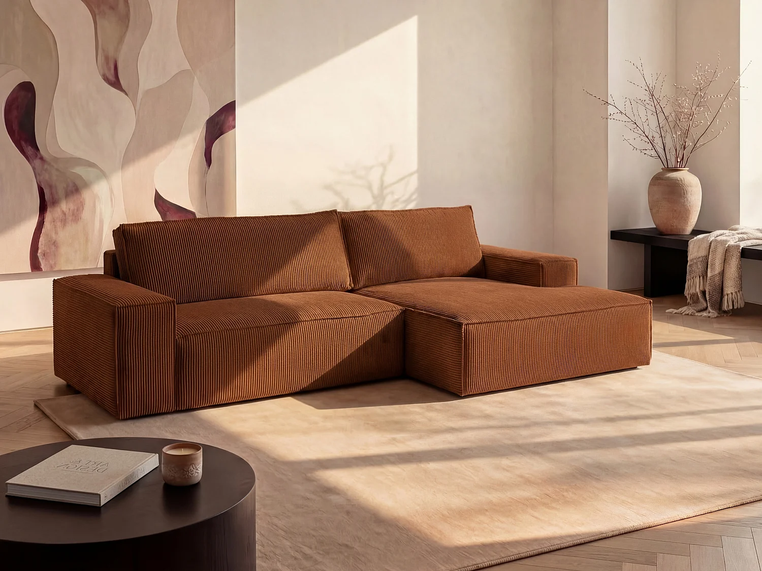 Ecksofa mit Schlaffunktion - Ecke rechts - Cord - Terracotta - AMELIA