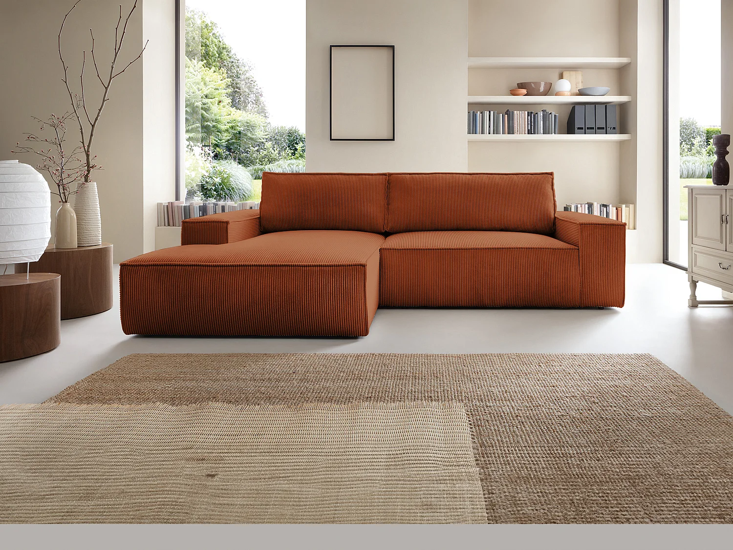 Canapé d'angle gauche convertible en velours côtelé terracotta AMELIA