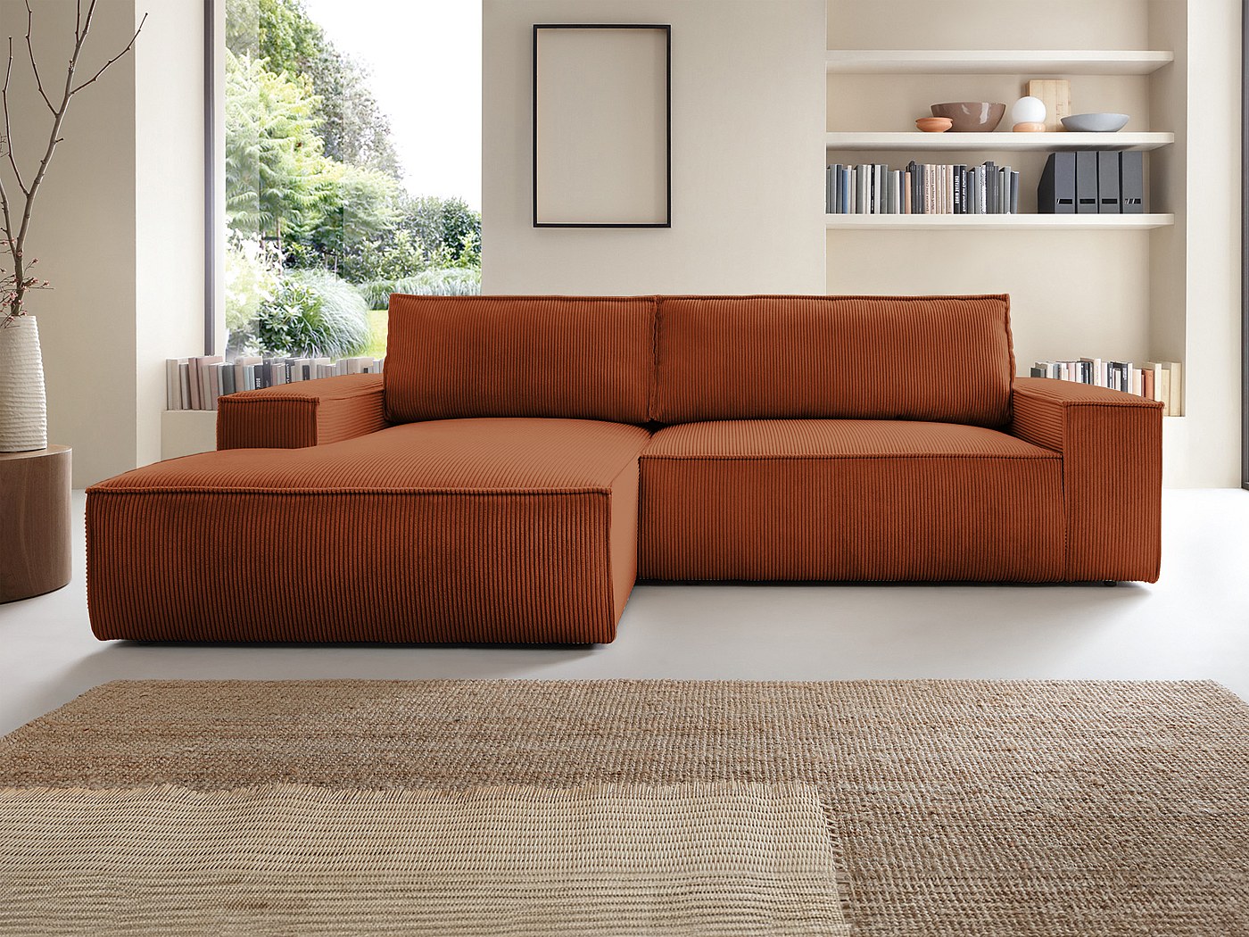 Divano letto angolo a sinistra in Velluto a coste Terracotta AMELIA