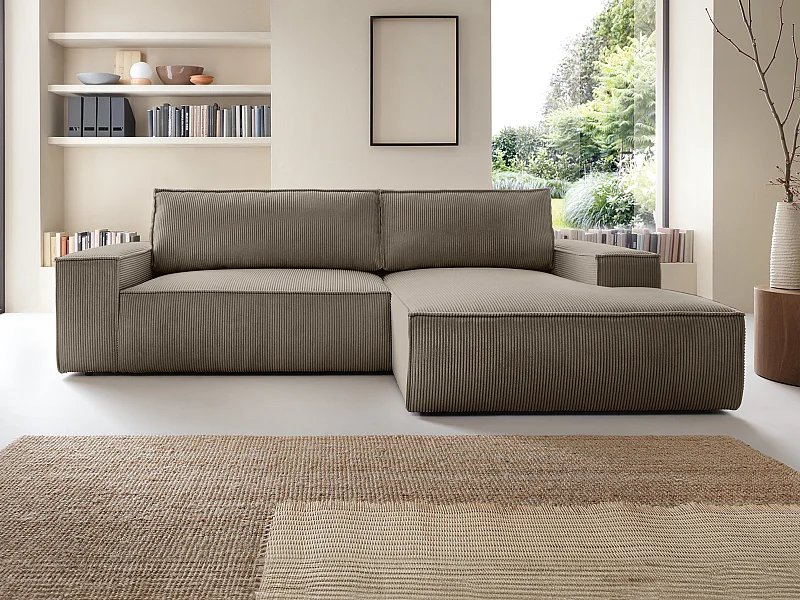 Canapé d'angle droit convertible en velours côtelé taupe AMELIA