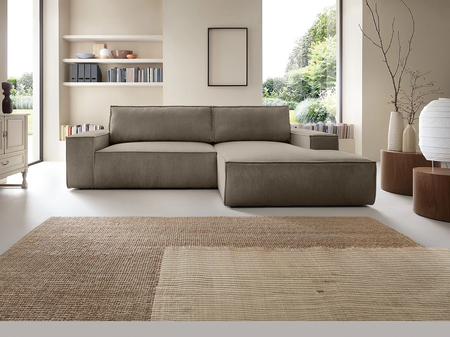 Ecksofa mit Schlaffunktion - Ecke rechts - Cord - Taupe - AMELIA