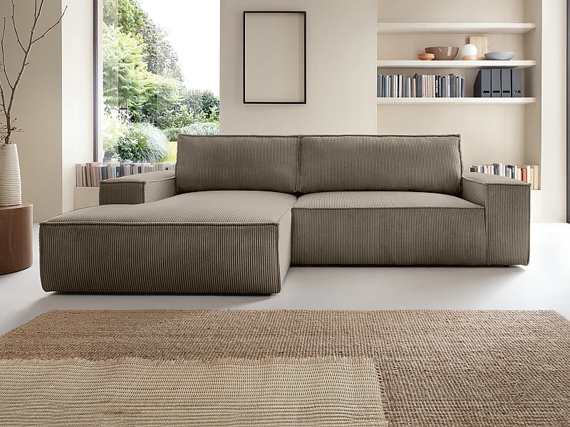 Canapé d'angle gauche convertible en velours côtelé taupe AMELIA