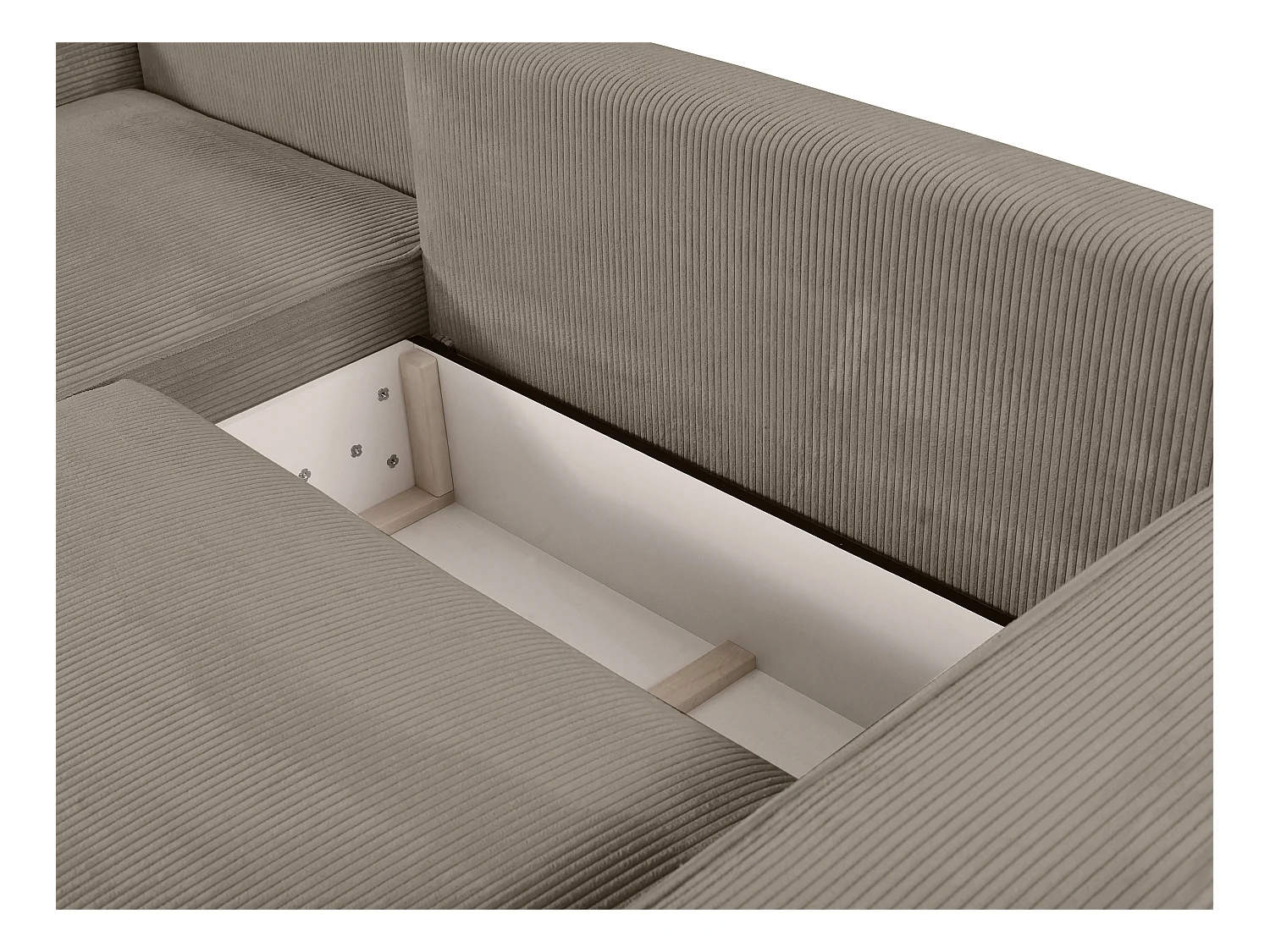 Slaapbank met hoek links van taupegrijs ribfluweel AMELIA