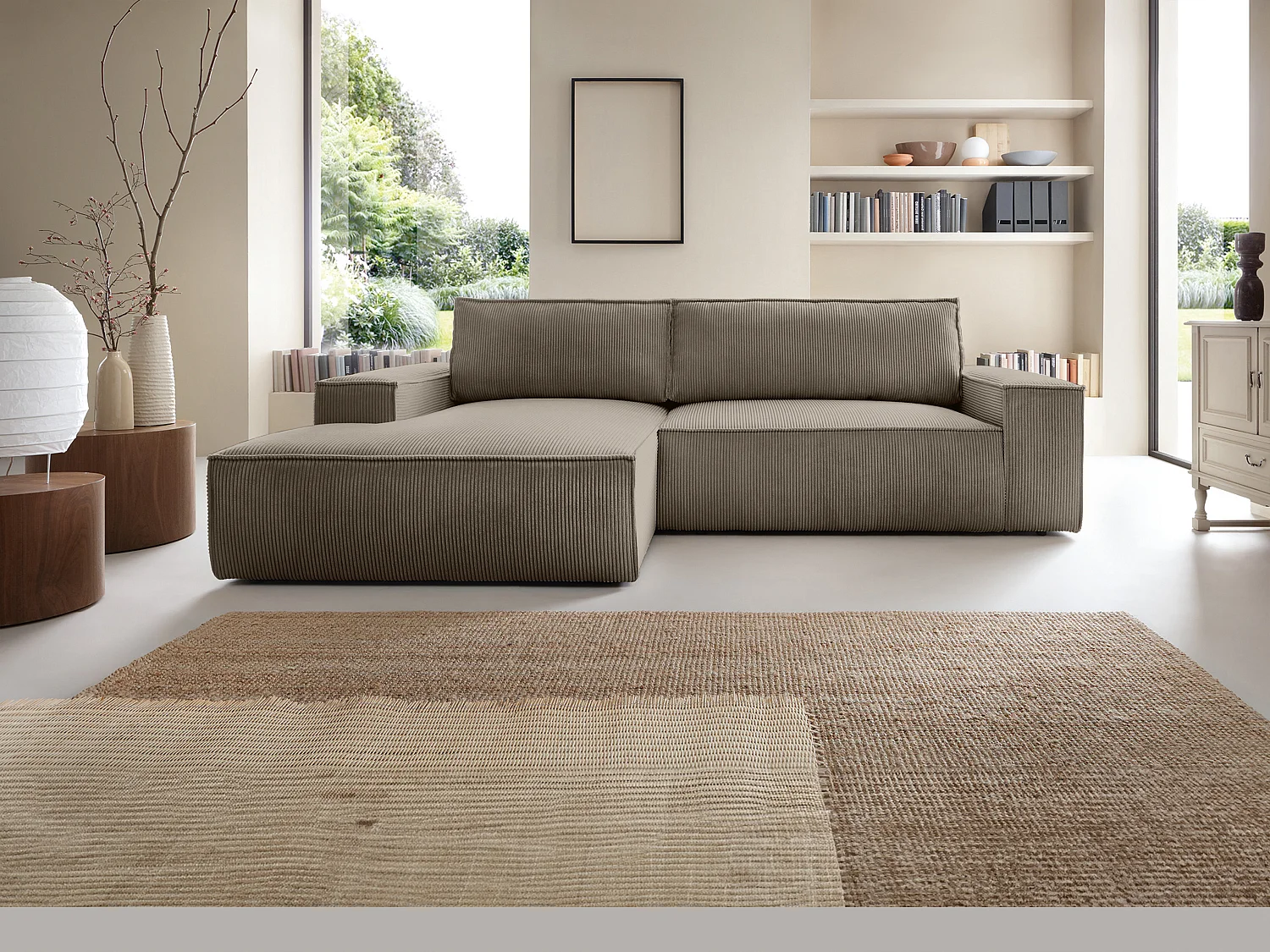Ecksofa mit Schlaffunktion - Ecke links - Cord - Taupe - AMELIA
