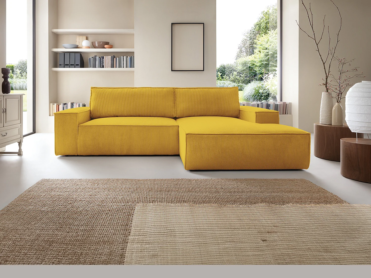 Ecksofa mit Schlaffunktion - Ecke rechts - Cord - Gelb - AMELIA