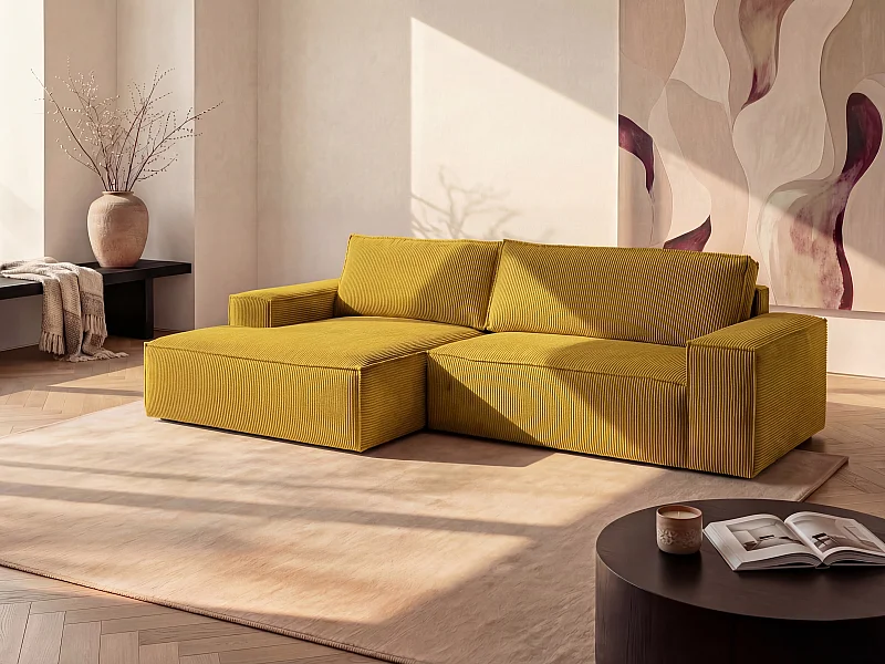 Slaapbank met hoek links van geel ribfluweel AMELIA