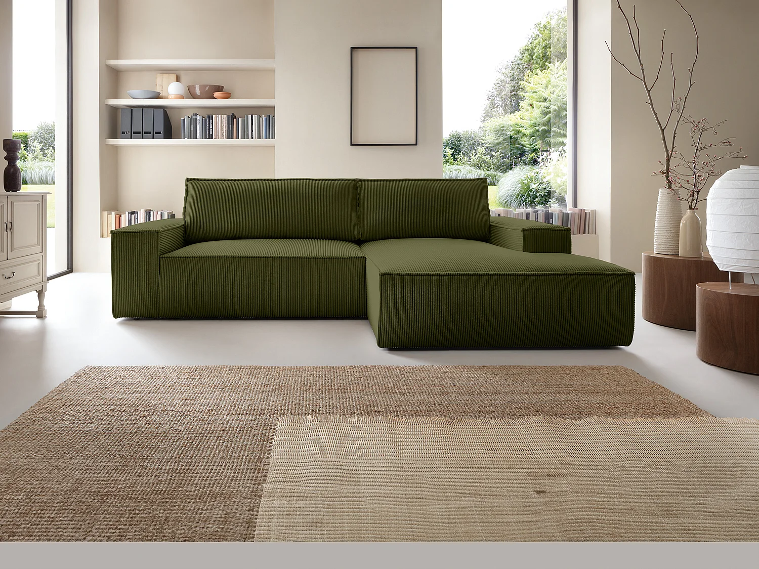 Ecksofa mit Schlaffunktion - Ecke rechts - Cord - Khaki - AMELIA