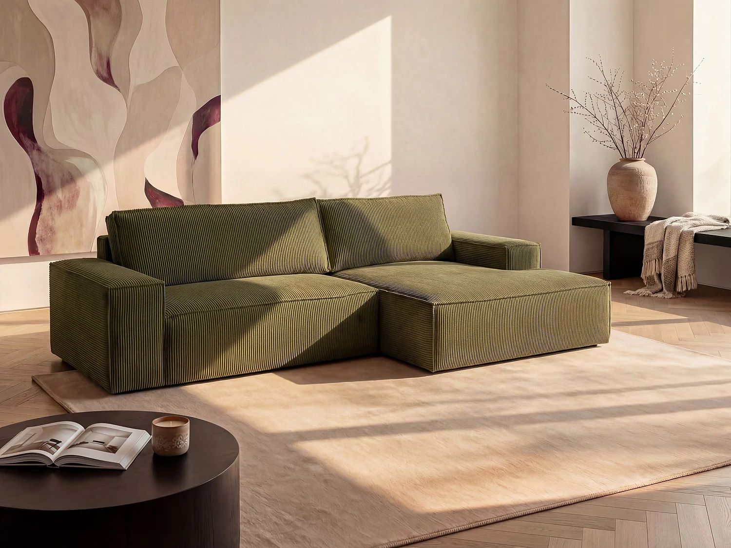 Canapé d'angle droit convertible en velours côtelé kaki AMELIA