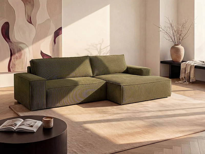 Sofá cama rinconera derecha de pana - Verde caqui - AMELIA