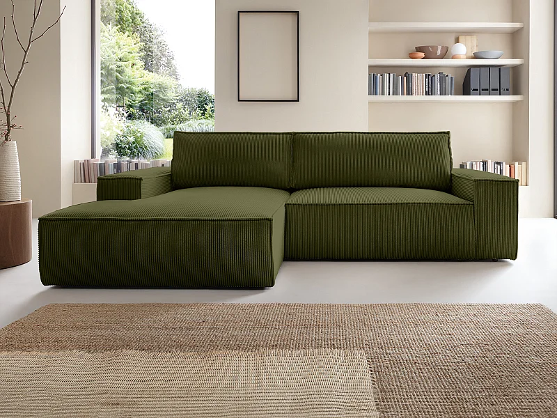 Slaapbank met hoek links van olijfgroen ribfluweel AMELIA