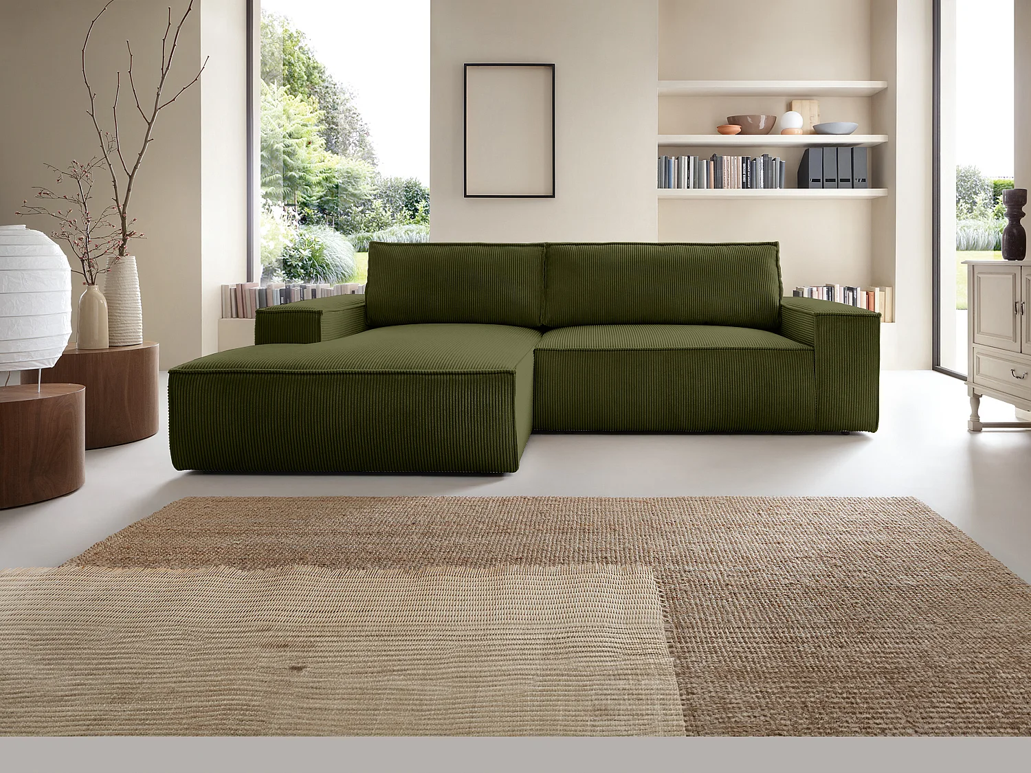 Ecksofa mit Schlaffunktion - Ecke links - Cord - Khaki - AMELIA