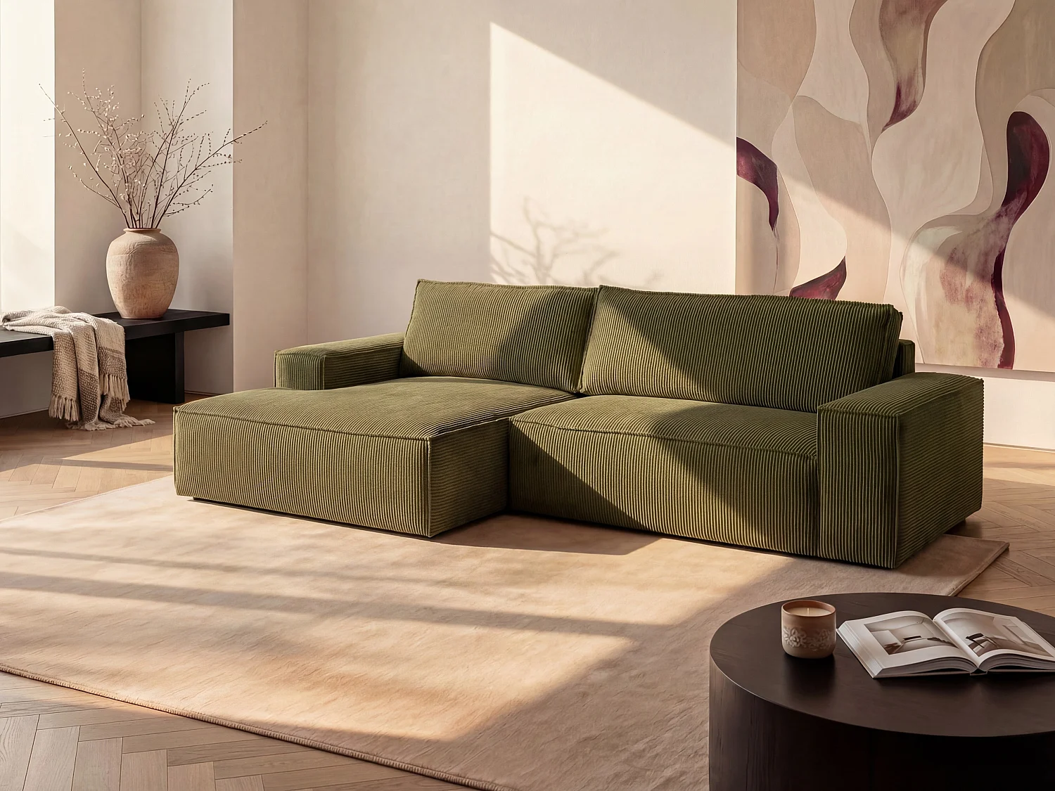 Canapé d'angle gauche convertible en velours côtelé kaki AMELIA