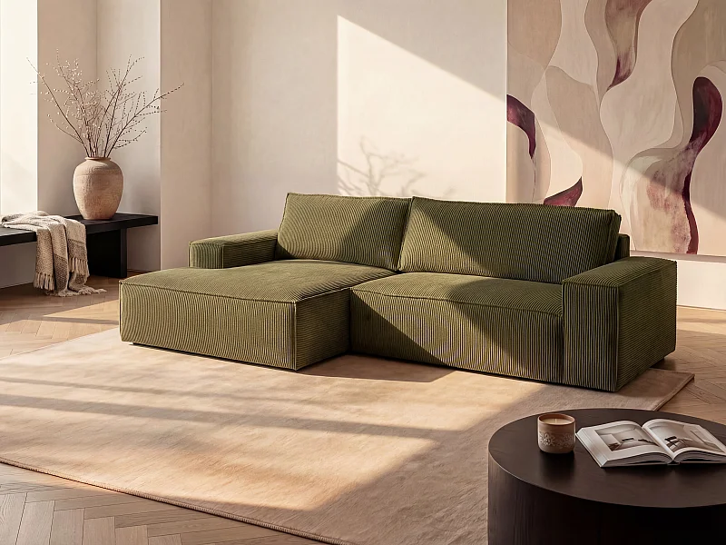Slaapbank met hoek links van olijfgroen ribfluweel AMELIA