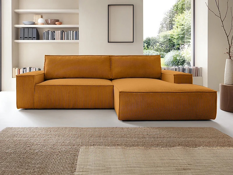 Ecksofa mit Schlaffunktion - Ecke rechts - Cord - Hellorange - AMELIA