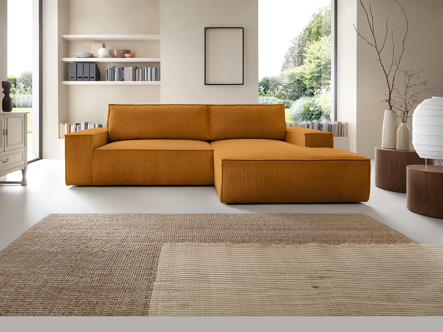 Ecksofa mit Schlaffunktion - Ecke rechts - Cord - Hellorange - AMELIA
