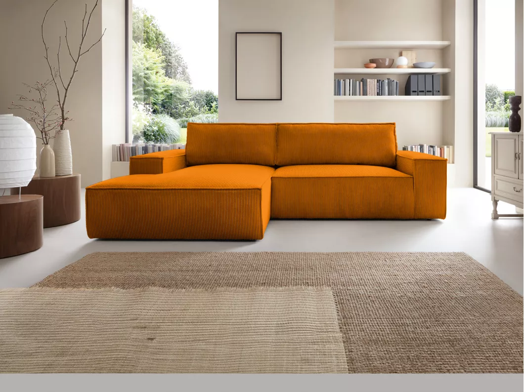 Kauf Unique Ecksofa mit Schlaffunktion - Ecke links - Cord - Hellorange - AMELIA