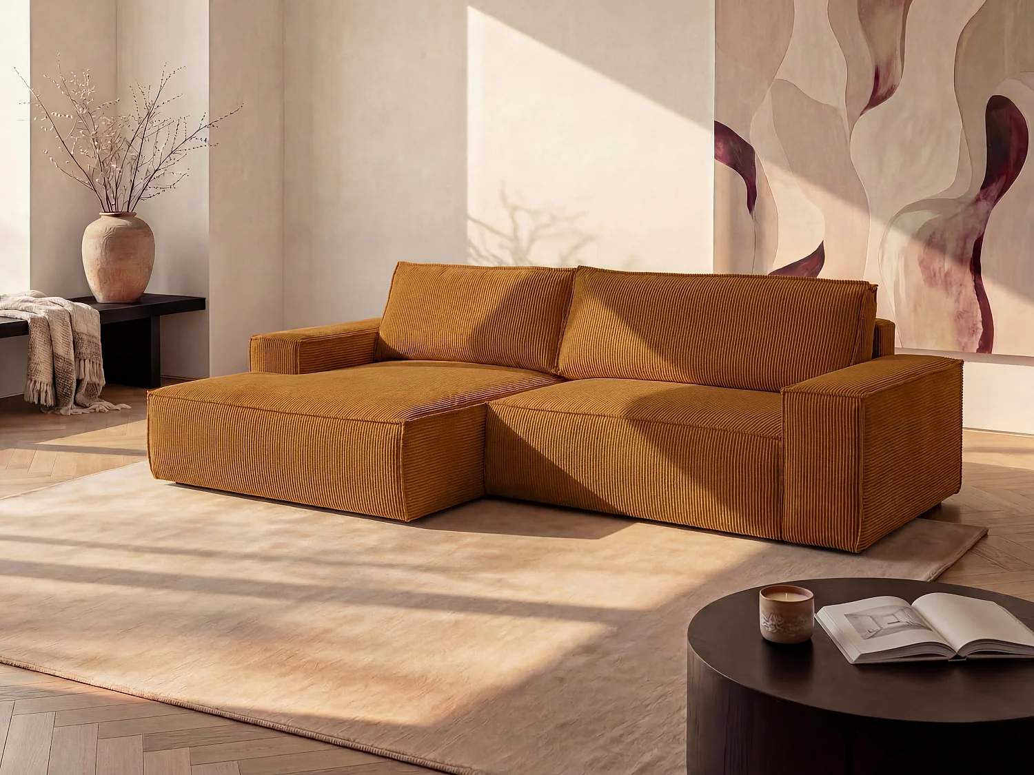 Canapé d'angle gauche convertible en velours côtelé orange clair AMELIA