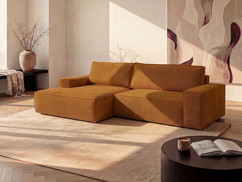 Slaapbank met hoek links van lichtoranje ribfluweel AMELIA