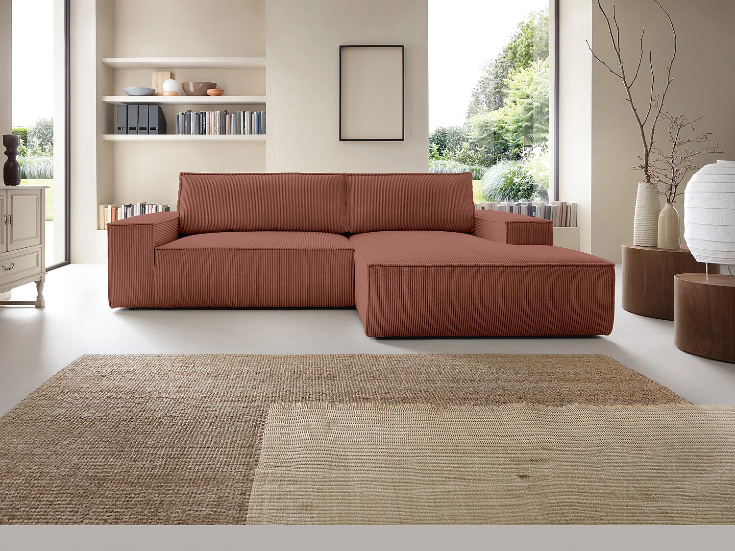 Ecksofa mit Schlaffunktion - Ecke rechts - Cord - Rosa - AMELIA