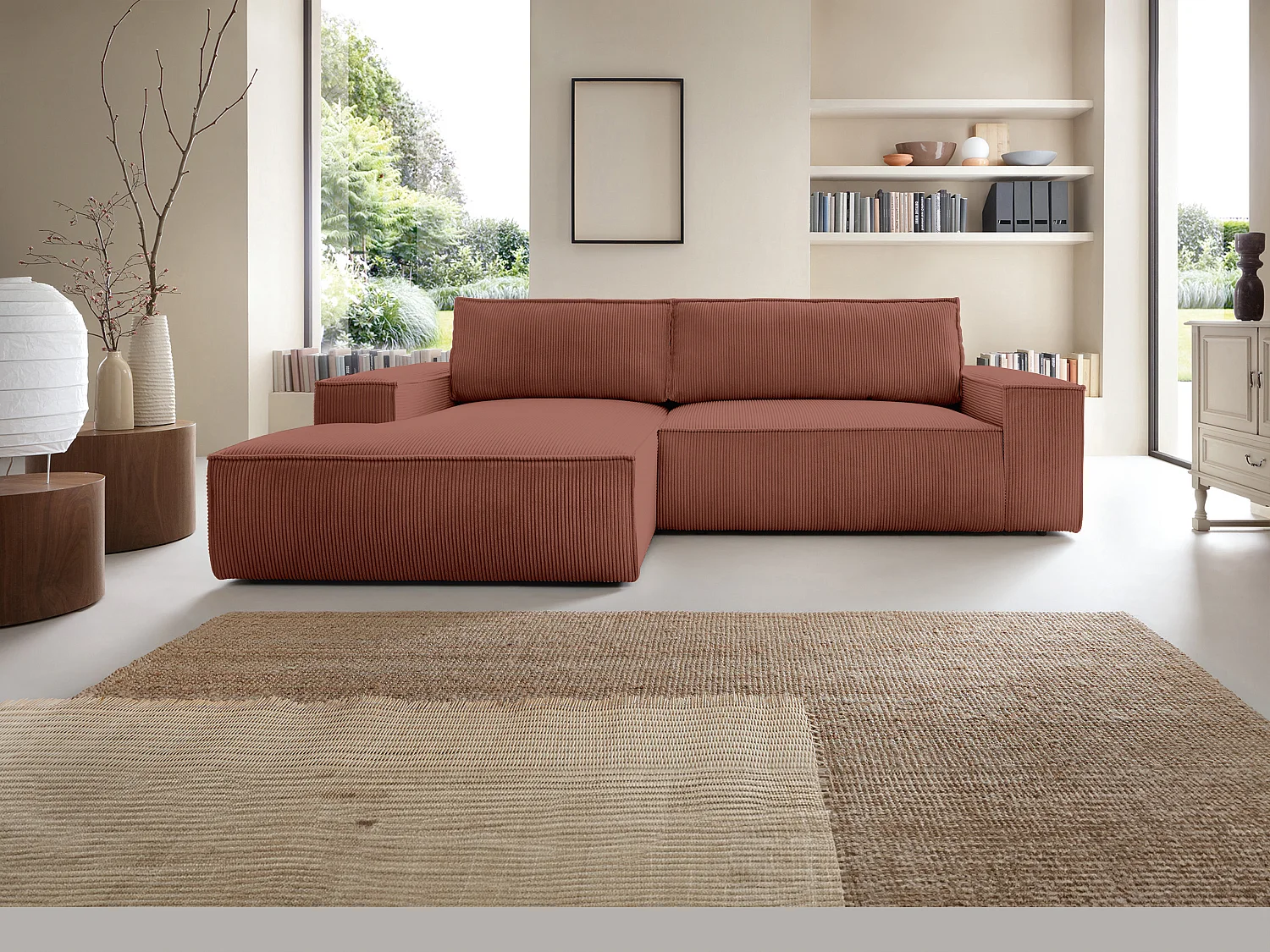 Ecksofa mit Schlaffunktion - Ecke links - Cord - Rosa - AMELIA
