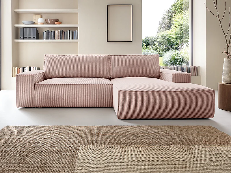 Ecksofa mit Schlaffunktion - Ecke rechts - Cord - Puderrosa - AMELIA
