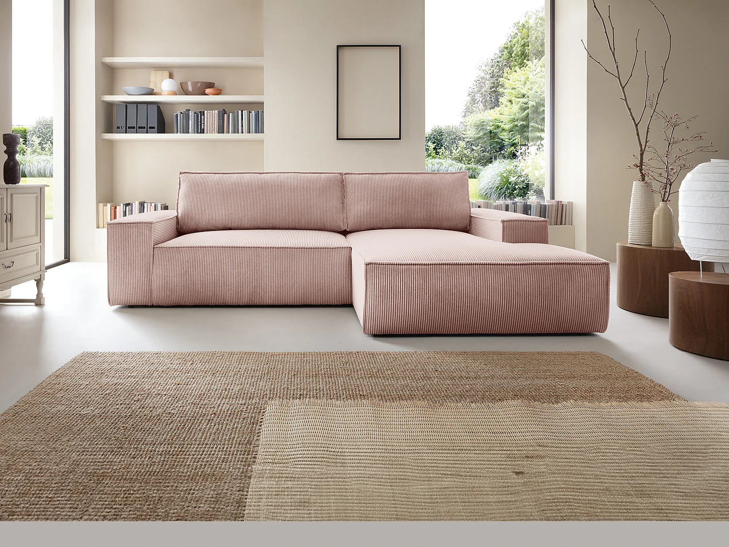 Ecksofa mit Schlaffunktion - Ecke rechts - Cord - Puderrosa - AMELIA