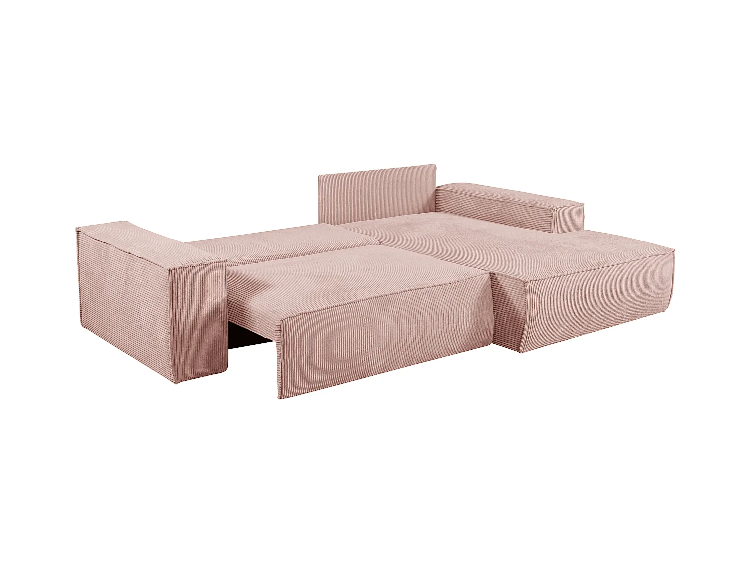 Canapé d'angle droit convertible en velours côtelé rose poudré AMELIA