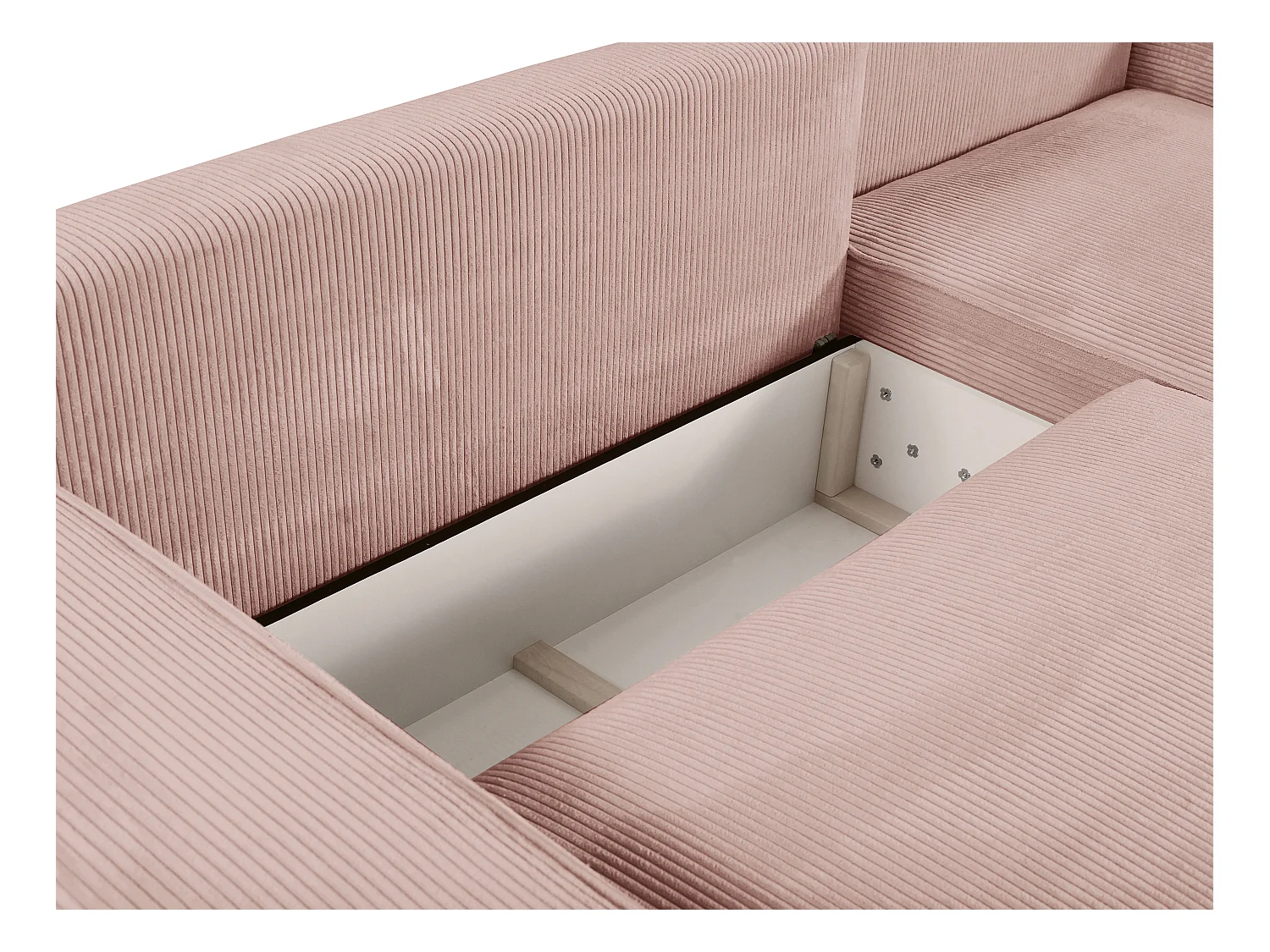 Canapé d'angle droit convertible en velours côtelé rose poudré AMELIA