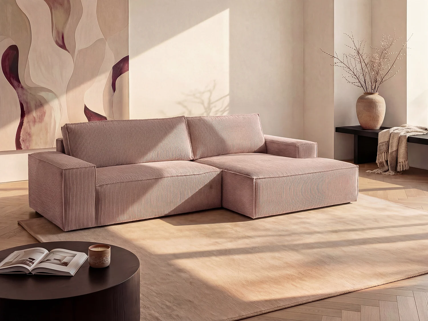 Canapé d'angle droit convertible en velours côtelé rose poudré AMELIA