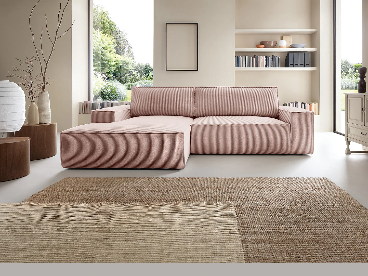 Ecksofa mit Schlaffunktion - Ecke links - Cord - Puderrosa - AMELIA
