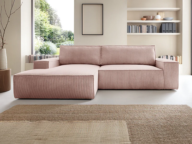 Canapé d'angle gauche convertible en velours côtelé rose poudré AMELIA